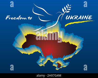 Freiheit für die Ukraine! Die weiße Friedenstaube mit einem Olivenzweig über der brennenden Silhouette der Ukraine mit Konturen in den Farben der Ukraine Stock Vektor