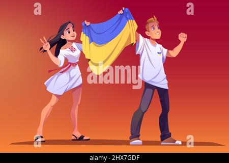 Aufruhr gegen den Krieg gegen die Ukraine, Menschen mit gelber und blauer ukrainischer Flagge auf Demonstration, um die russische Aggression zu stoppen. Junge Frau in traditioneller Kleidung und Mann protestieren, Cartoon-Vektor-Illustration Stock Vektor