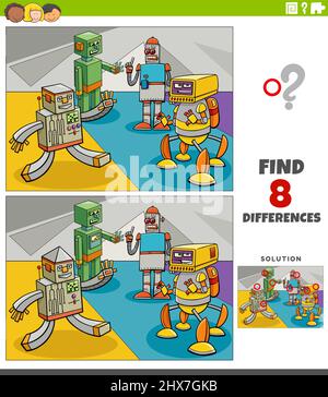 Cartoon Illustration der Suche nach den Unterschieden zwischen Bildern Lernspiel Für Kinder mit lustigen Robotern Fantasy-Figuren Stock Vektor