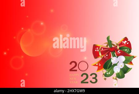 Frohes neues Jahr 2023 Hintergrund Neujahr Weihnachtskarte mit hellen Lichtern, Geschenke und eine Flasche сhampagne Stockfoto