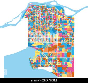 Surrey, British Columbia, Kanada Bunte hochauflösende Vektorgrafik-Karte mit Stadtgrenzen. Weiße Umrisse für Hauptstraßen. Viele Details. Blaue Form Stock Vektor