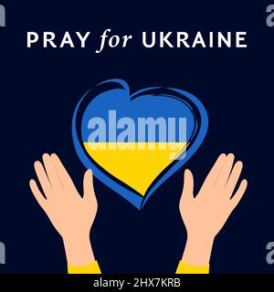 Betet für den Frieden Ukraine, Hände und Herz. Vektor flache Illustration auf dunkelblauem Hintergrund Konzept des Betens, Trauer, Menschlichkeit. Kein Krieg Stock Vektor