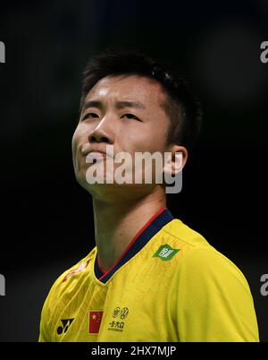 Mülheim, Deutschland. 10. März 2022. Lu Guangzu aus China reagiert während des Spiels der Männer in der zweiten Runde zwischen Lu Guangzu aus China und Srikanth Kidambi aus Indien beim Badmintonturnier Yonex German Open 2022 in Mülheim, Deutschland, 10. März 2022. Quelle: Lu Yang/Xinhua/Alamy Live News Stockfoto