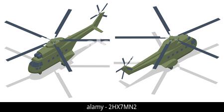 Isometrischer Vektor des Militärhubschraubers. Transporthubschrauber. Militärische Luftwaffe Stock Vektor