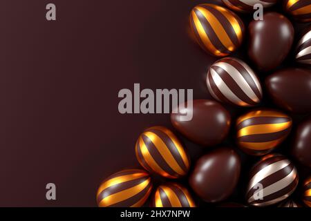 Köstliche Schokolade ostereier auf braunem Hintergrund. Flache Lay. Draufsicht. Happy easter Day Konzept. 3D Abbildung Stockfoto