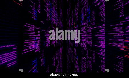 Abstrakte digitale Datenverarbeitung auf schwarzem Hintergrund, nahtlose Schleife. Animation. Digital generierte globale Informationen oder Anwendungscode werden ausgeführt Stockfoto