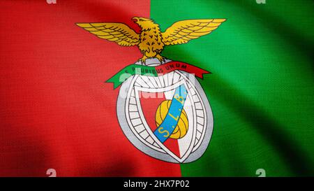 USA - NEW YORK, 12. August 2018: Benfica-Flagge schwenkt. Nahaufnahme der winkenden Flagge mit dem Logo des Fußballclubs S.L. Benfica, nahtlose Schleife. Redaktionelles Filmmaterial Stockfoto