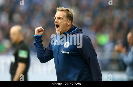 Gelsenkirchen, Deutschland. 06. Apr, 2019. firo: 6.. April 2019, Fußball, 1. Bundesliga, Saison 2018/2019, FC Schalke 04 - Eintracht Frankfurt (1-2) Schalke, Co-Coach, Mike B skens, Emotionen, Geste, Screams Credit: dpa/Alamy Live News Stockfoto