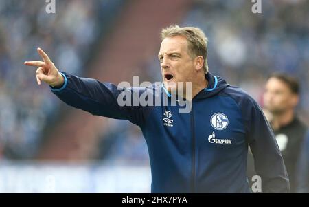 Gelsenkirchen, Deutschland. 06. Apr, 2019. firo: 6.. April 2019, Fußball, 1. Bundesliga, Saison 2018/2019, FC Schalke 04 - Eintracht Frankfurt (1-2) Schalke, Co-Trainer, Mike B skens, Geste, enttäuscht, Enttäuschung, Kredit: dpa/Alamy Live Nachrichten Stockfoto