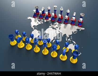 Symbol für Krieg und Geopolitik in der Welt mit Schachfiguren. Ukraine gegen Russland. Stockfoto