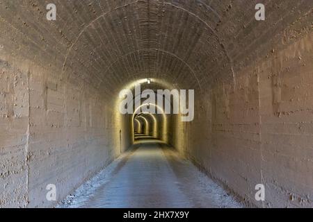 Blick auf einen gut beleuchteten Tunnel einer alten Eisenbahnstrecke, die in die Unendlichkeit führt Stockfoto