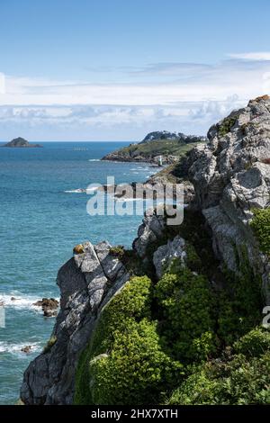 Grün bewachte Klippen fallen steil in den stark blau leuchtenden Atlantik im Norden der Bretagne.kleine Segelboote schweben in der Sonne auf dem Meer. Stockfoto