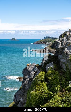 Grün bewachte Klippen fallen steil in den stark blau leuchtenden Atlantik im Norden der Bretagne.kleine Segelboote schweben in der Sonne auf dem Meer. Stockfoto