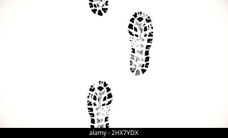 Schuhmarken auf weißem Hintergrund. Abstrakte Animation des Gehens vor schwarzen Stiefelabzügen auf weißem Hintergrund Stockfoto