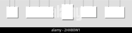 Vorlage von weißen leeren Vektorpostern. Set von Mockups, die an der Wand hängen. Rahmen für Papierbogen. Isoliert auf grauem Hintergrund. Vektorgrafik EPS 10. Stock Vektor