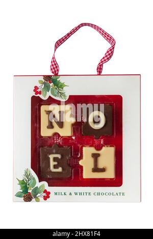 Noel Schokolade Milch & weiße Schokolade in Box isoliert auf weißem Hintergrund - Weihnachtsgeschenk - Milch & weiße Schokolade Formen Stockfoto