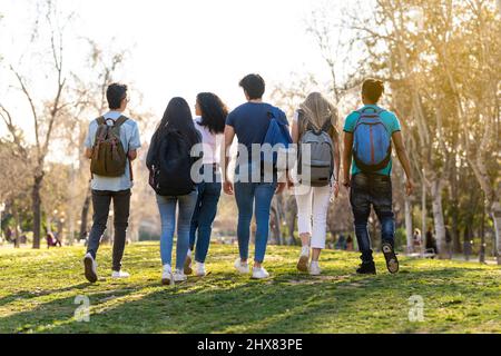 Rückansicht einer Reihe junger multiethnischer Studenten, die im Park zusammenlaufen Stockfoto