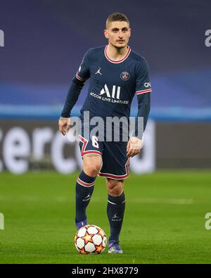 Madrid, Spanien. Am 09. März 2022 spielte Marco Verratti vom PSG während des UEFA Champions League-Spiels zwischen Real Madrid und Paris Saint Germain am 09. März 2022 im Santiago Bernabeu-Stadion in Madrid, Spanien. (Foto von Colas Buera / PRESSINPHOTO) Stockfoto