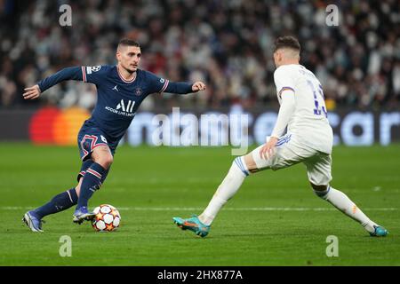 Madrid, Spanien. Am 09. März 2022 spielte Lionel Messi vom PSG während des UEFA Champions League-Spiels zwischen Real Madrid und Paris Saint Germain am 09. März 2022 im Santiago Bernabeu-Stadion in Madrid, Spanien. (Foto von Colas Buera / PRESSINPHOTO) Stockfoto