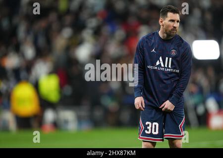 Madrid, Spanien. Am 09. März 2022 spielte Lionel Messi vom PSG während des UEFA Champions League-Spiels zwischen Real Madrid und Paris Saint Germain am 09. März 2022 im Santiago Bernabeu-Stadion in Madrid, Spanien. (Foto von Colas Buera / PRESSINPHOTO) Stockfoto