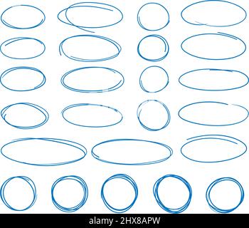 Sammlung von handgezeichneten ovalen und kreisförmigen Markern markieren Kritzeleien, editierbare Kontur, Vektor-Illustration Stock Vektor