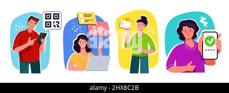 Die Menschen nutzen die Banking-App. Business, Commerce-Konzept. Flache Cartoon-Vektor-Illustration Stock Vektor