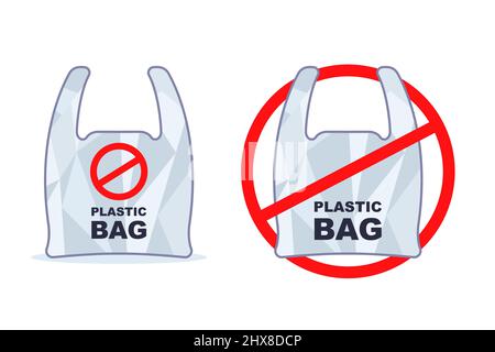 Es ist verboten, eine Plastiktüte in Lebensmittelgeschäften zu verwenden. Verbotsschild Plastiktüte. Flache Vektordarstellung. Stock Vektor