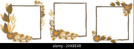 Set von Rahmen mit Blumen und Zweigen, handgezeichnete Elemente im Cartoon-Stil. Blumen. Vorlagen für Postkarten. Vektorbilder von Pflanzen auf weißem Backgro Stock Vektor