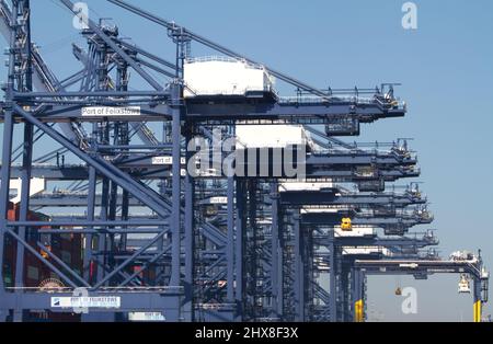 Hafen von Felixstowe in Suffolk mit den Kräne zum Be- und Entladen von Containern. Felixstowe ist Teil von Freeport East, einem Drehkreuz für den Welthandel Stockfoto