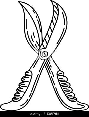 Gartenscheren, handgezeichnete Doodle-Stil-Elemente. Werkzeug zum Beschneiden von Bäumen und Sträuchern. Einfacher Vektor im linearen Stil für Logos, Icons und Stock Vektor