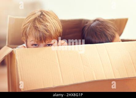 Will ein Spiel der guck a boo spielen. Zwei entzückende junge Jungen, die aus einem Karton gucken. Stockfoto