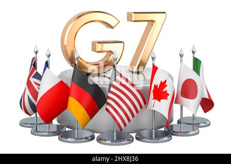 G7 Tagungskonzept, Flaggen aller Mitglieder G7. 3D Darstellung isoliert auf weißem Hintergrund Stockfoto