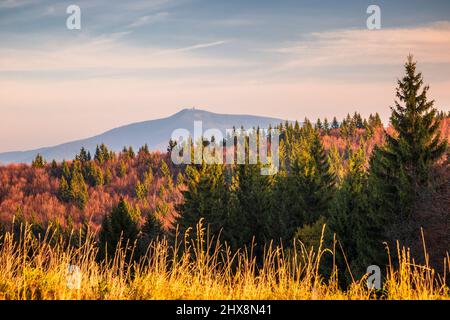 Blick auf den Lysa hora, den höchsten Berg der Mährisch-Schlesischen Beskiden-Gebirgskette in der Tschechischen Republik, Europa. Stockfoto