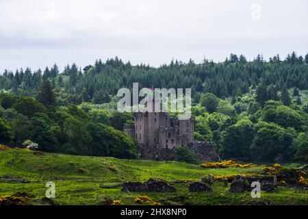 Das turretete schottische Dunvegan Schloss schmiegt sich zwischen die leuchtend grünen Bäume. Stockfoto