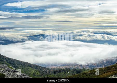 Blick auf die umliegende Landschaft aus dem Mlynicka-Tal. Nationalpark Hohe Tatra, Slowakei, Europa. Stockfoto