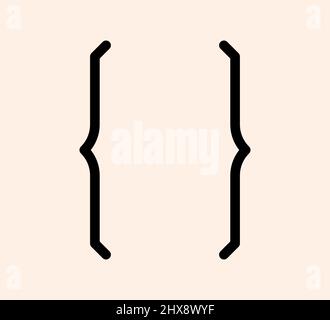 Geschweifte Klammern, Satzzeichen, schwarzes Symbol. Symbol für lineare Klammern für Schrift oder Typografie. Ornament und Vektor eps isoliertes Design-Element-Konzept für Botschaften und Zitate Stock Vektor