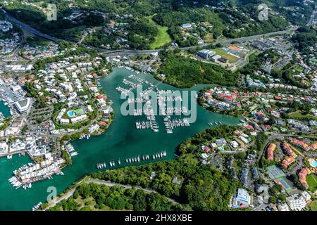 Luftaufnahme von Marina Bas-du-Fort, Pointe-à-Pitre, Grande-Terre, Guadeloupe, Kleinen Antillen, Karibik. Stockfoto