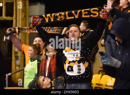 Wolverhampton Wanderers Fußball Fan Fan tragen Weihnachtswolle Pullover Stockfoto