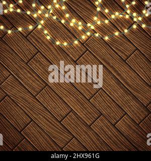 Zauberkarte mit Weihnachtslichtern. Rand mit realistischer Weihnachtsgirlande auf Holzhintergrund. Vektorgrafik. Stock Vektor