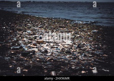 Der alte, mit Müll und Knochen bedeckte Strand der Dead Horse Bay auf Long Island Stockfoto