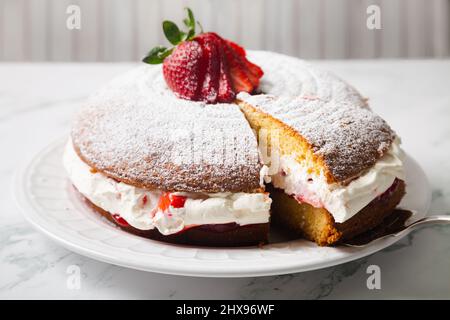 Hausgemachter Viktoria-Biskuitkuchen, gefüllt mit Sternbeeren, Marmelade und Schlagsahne, verziert mit Puderzucker und Erdbeere auf einem weißen Marmortisch Stockfoto