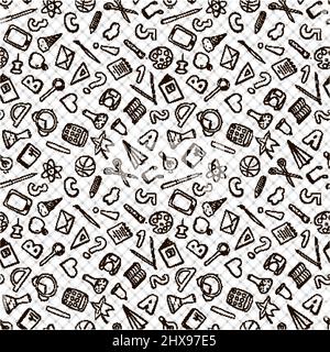 Willkommen zurück in der Schule. Freihändig Schulsachen auf ein Blatt Übungsbuch zeichnen. Nahtloses Muster. Vektorgrafik. Stock Vektor