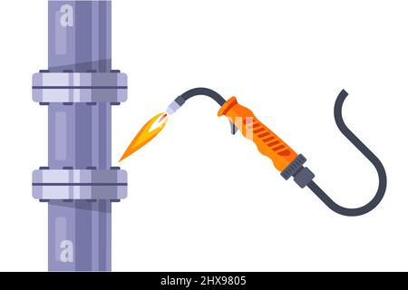 Schweißmaschine repariert ein Eisenrohr. Flache Vektorgrafik. Stock Vektor