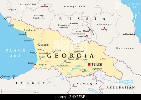 Georgien, politische Karte, mit Hauptstadt Tiflis, und internationale Grenzen. Republik und transkontinentalem Land in Eurasien. Stockfoto