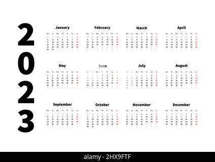 2023 Jahre einfacher horizontaler Kalender in englischer Sprache, typografischer Kalender isoliert auf Weiß Stock Vektor