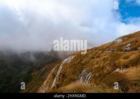 Tramper am Milford Track Great Walk, nebelbedeckte Berge, Mackinnon Pass, Neuseeland Stockfoto