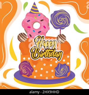 Farbige Happy Birthday Karte isoliert Kuchen mit Donut Vektor Stock Vektor
