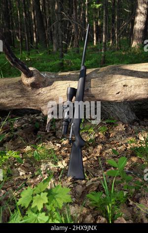 Schwarzes Jagdgewehr mit Scope-Optik, das gegen einen gefallenen Baum schief geht Stockfoto