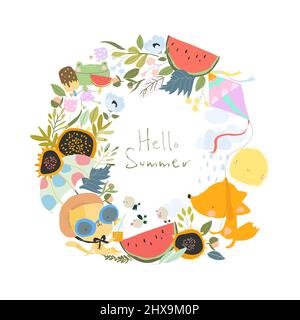 Niedliche Cartoon Kranz mit Tieren Treffen Sommer Stock Vektor