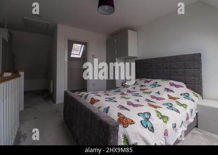 Modernes Schlafzimmer mit eigenem Bad, grauer Einrichtung und Schmetterlingsbettwäsche Stockfoto